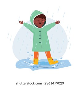 Cartoon illustration of a black boy wearing a green raincoat and jumping in the puddle. Autumn illustration with a child
