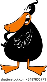 Ilustración de dibujos animados de personaje animal de pato negro hablando o considerando algo