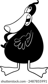 Ilustración de dibujos animados de personaje animal de pato negro hablando o considerando algo para colorear página