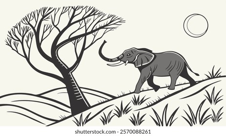 Cartoon Illustration Of An Black Elephant Standing In A Grassy Field