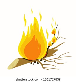 Cartoon illustration with black the fire branch on light background. Vector isolated illustration. Bright blazing fire. Flame vector. Summer vector illustration. 