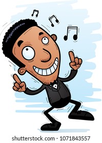 A cartoon illustration of a black groom dancing.