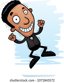 A cartoon illustration of a black groom jumping.