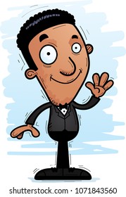 A cartoon illustration of a black groom waving.