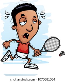 A cartoon illustration of a black man badminton player running and looking exhausted.