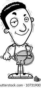 A cartoon illustration of a black man badminton player looking confident.