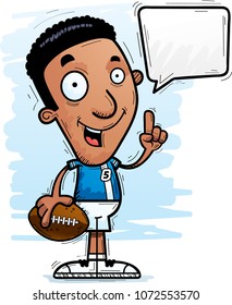 A cartoon illustration of a black man football player talking.