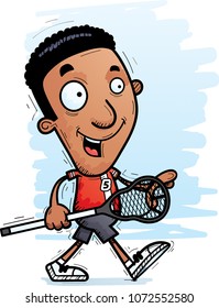 A cartoon illustration of a black man lacrosse player walking.