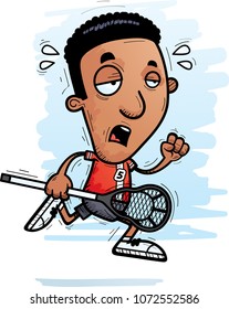 A cartoon illustration of a black man lacrosse player running and looking exhausted.