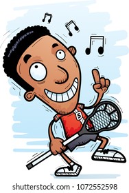 A cartoon illustration of a black man lacrosse player dancing.