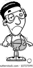 A cartoon illustration of a black man racquetball player looking sad.