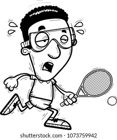 A cartoon illustration of a black man racquetball player running and looking exhausted.