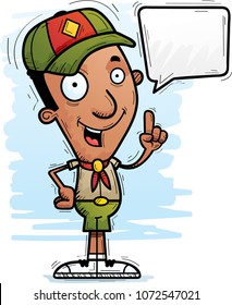 A cartoon illustration of a black man scout talking.