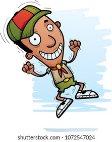 A cartoon illustration of a black man scout jumping.