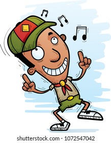 A cartoon illustration of a black man scout dancing.