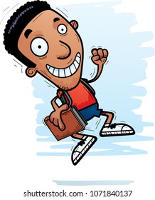 A cartoon illustration of a black man student jumping.