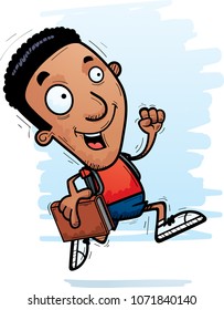 A cartoon illustration of a black man student running.