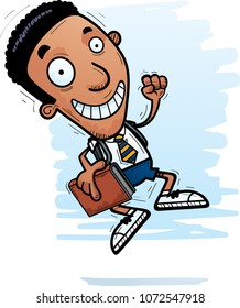 A cartoon illustration of a black man student jumping.