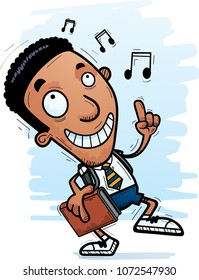 A cartoon illustration of a black man student dancing.