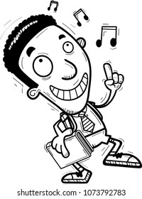 A cartoon illustration of a black man student dancing.