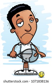 A cartoon illustration of a black man tennis player looking sad.