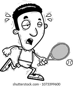 A cartoon illustration of a black man tennis player running and looking exhausted.