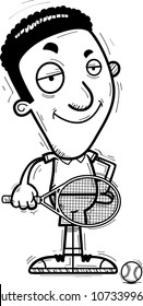 A cartoon illustration of a black man tennis player looking confident.