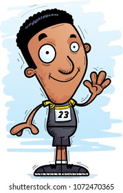 A cartoon illustration of a black man track and field athlete waving.