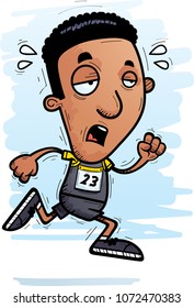 A cartoon illustration of a black man track and field athlete running and looking exhausted.