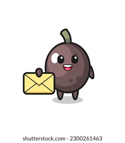 cartoon illustration of black olive holding a yellow letter , cute style design for t shirt, sticker, logo element