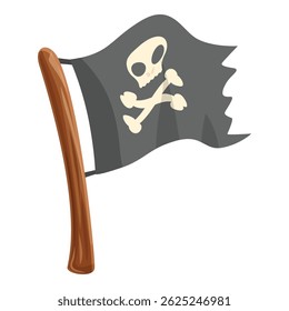 Cartoon illustration of a black pirate flag with skull and crossbones waving in the wind