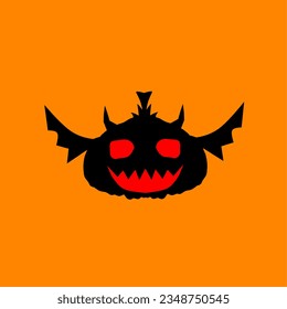Cartoon illustration of a black pumpkin with wings and glowing eyes