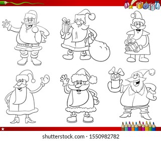 Cartoon Illustration of Black and White Collection with Santa Claus Christmas Characters Coloring Book Page