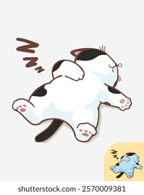 cartoon illustration of a black and white feline with pink paw pads and a small tail, lying on its back, sleeping peacefully with "Zzz" symbols near its head.