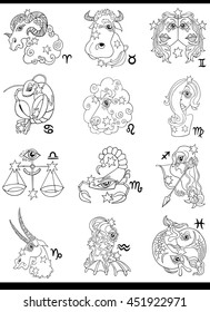 Cartoon Illustration of Black and White Horoscope Zodiac Signs with Fantasy Characters