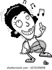 A cartoon illustration of a black woman badminton player dancing.