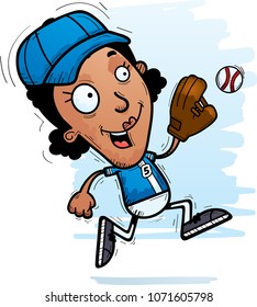 A cartoon illustration of a black woman baseball player running.