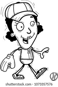 A cartoon illustration of a black woman baseball player walking.