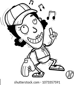 A cartoon illustration of a black woman baseball player dancing.