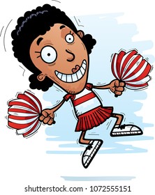 A cartoon illustration of a black woman cheerleader jumping.