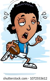 A cartoon illustration of a black woman football player running and looking exhausted.