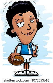 A cartoon illustration of a black woman football player looking confident.