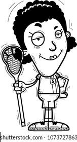 A cartoon illustration of a black woman lacrosse player looking confident.