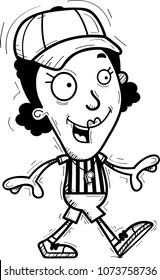A cartoon illustration of a black woman referee walking.