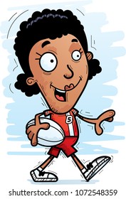A cartoon illustration of a black woman rugby player walking.