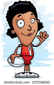 A cartoon illustration of a black woman rugby player waving.