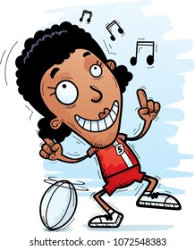 A cartoon illustration of a black woman rugby player dancing.