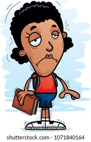 A cartoon illustration of a black woman student looking sad.