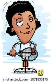 A cartoon illustration of a black woman tennis player looking confident.