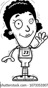 A cartoon illustration of a black woman track and field athlete waving.